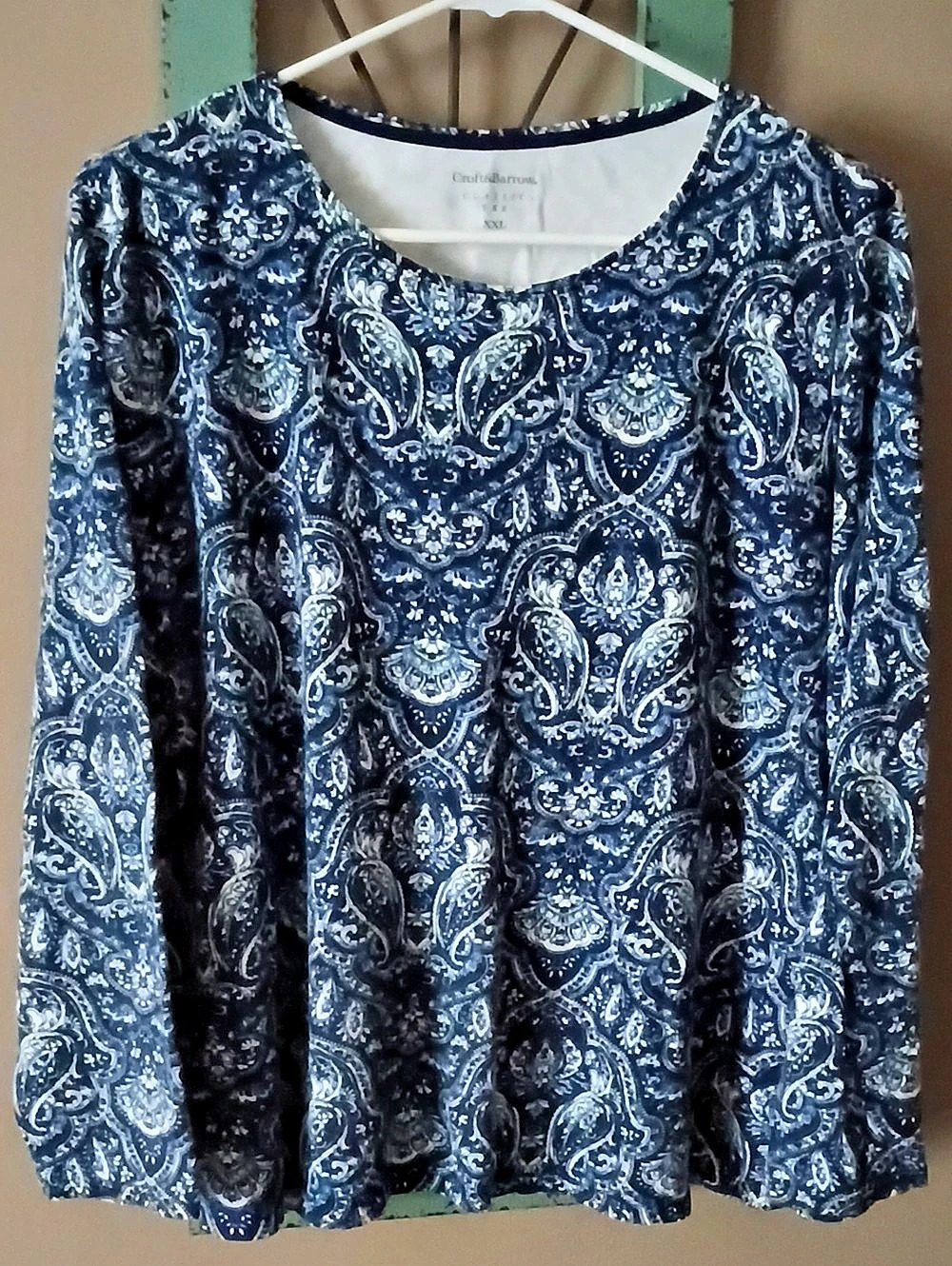 Croft & Barrow Classic Tee Paisley Long Sleeve Tee in Blue & White Size XXL